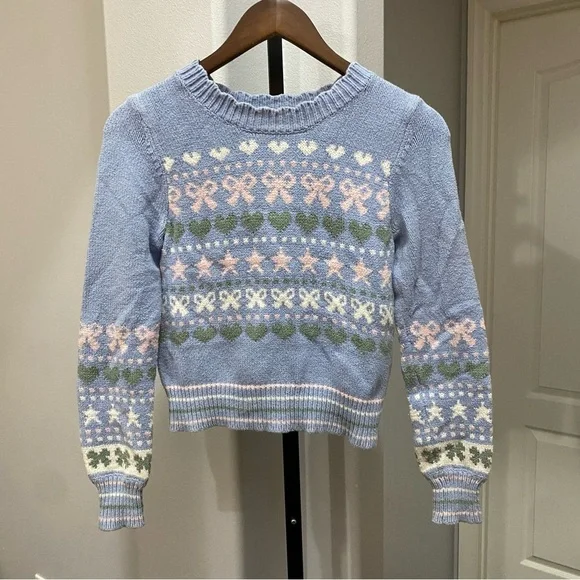 LoveShackFancy Womens Zaheer Pullover Feminine Heart Bow Sweater Pink Blue XS - Picture 2 of 11